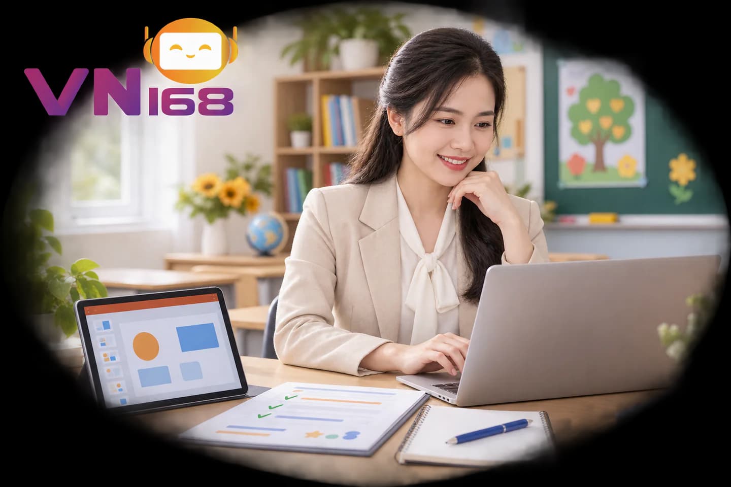 Giáo viên tiểu học sử dụng máy tính để thiết kế bài giảng điện tử
